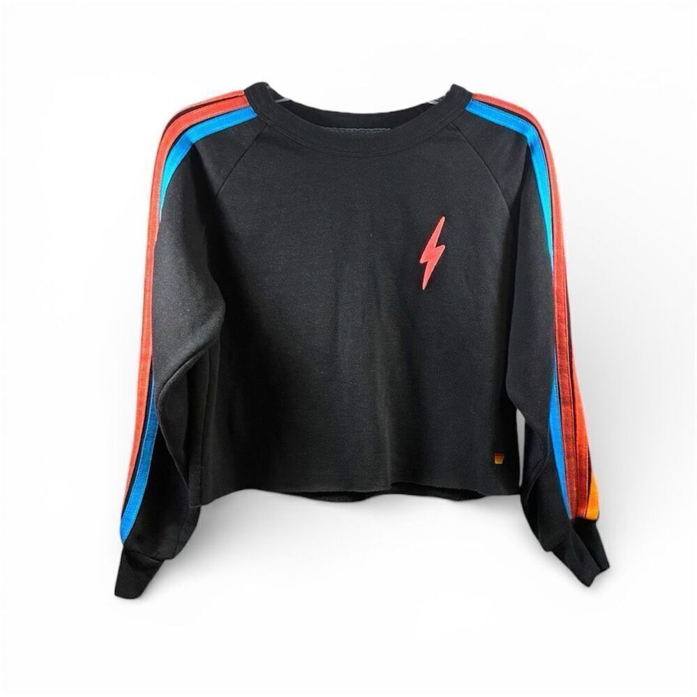 Aviator Nation Five Rainbow Stripes Lightning Bolt Cropped Crew Neck in Black Si